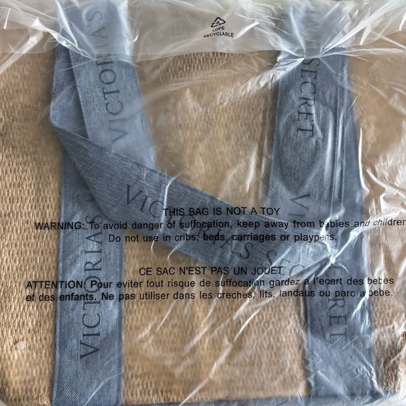 NWT Victoria's Secret Woven Beige and Denim Tote Bag Beach Pool Weekender - Picture 4 of 4